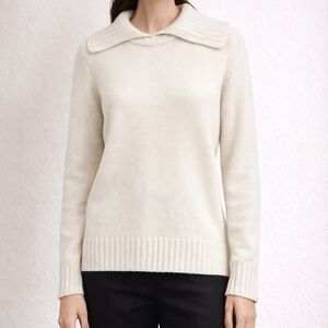 CO Ivory Wool Cashmere Collared Crewneck Sweater Size L Luxury Knit